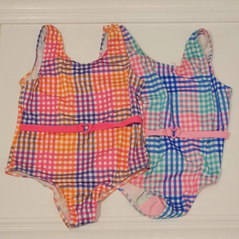 Pink Platinum Girls Swimsuits -Lot of 2- Scoop Neck Belted Plaid - Size 10/12